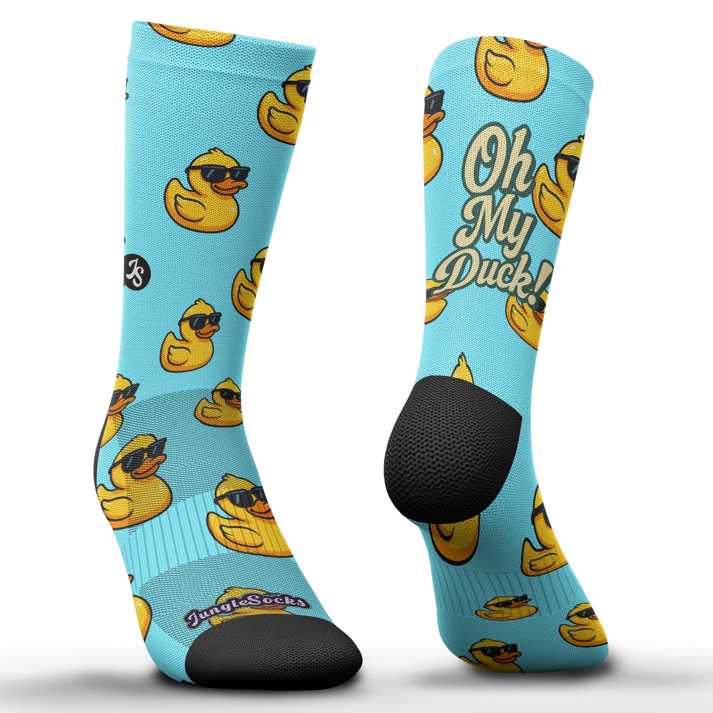 Calcetines técnicos de crossfit, diseño de patitos amarillos con gafas en fondo azul, sin costuras.