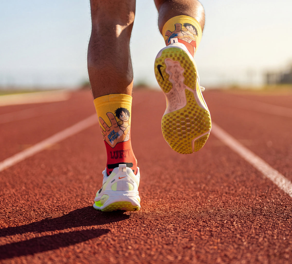 Corredor en pista de atletismo con los calcetines running One Piece Luffy Red